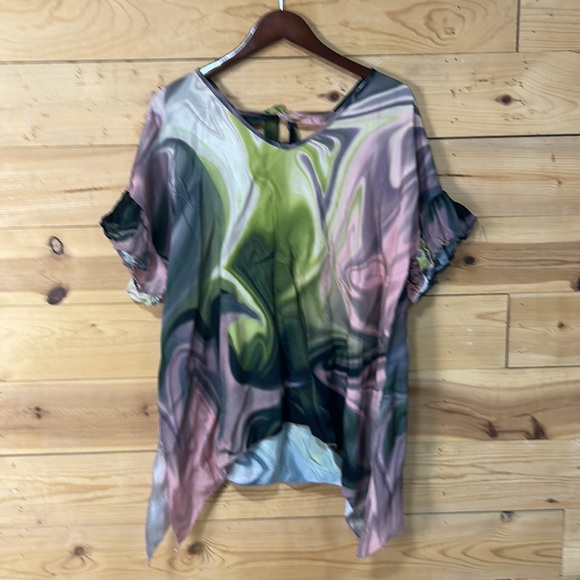 Tutu & Lilli silky tie dyed ruffle top blouse tunic boho hippie festival LG XL - Picture 11 of 12